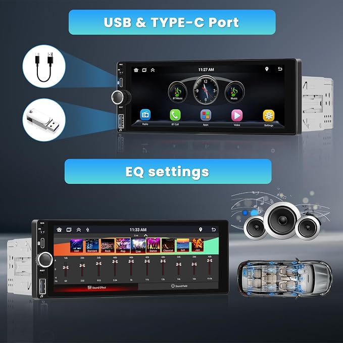 Single Din Car Stereo with Apple Carplay Android Auto, 6.9 Inch IPS Touch - Image 4