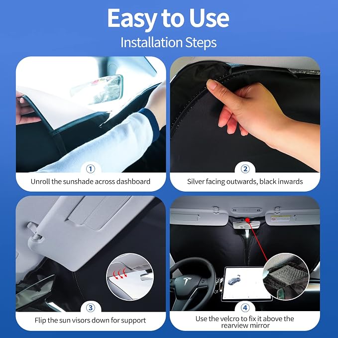 Upgraded Sunshade for Tesla Model 3/Y Windshield, Improved UV Protection Fabric - Image 4