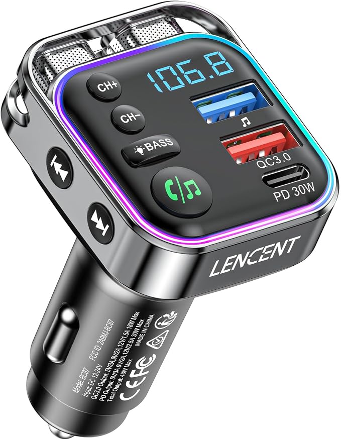 LENCENT Bluetooth 5.3 FM Transmitter Car Adapter 48W Fast Charger, Light Switch by LENCENT
