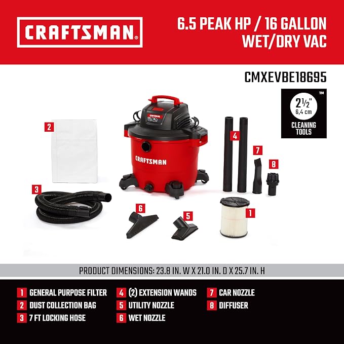 CRAFTSMAN CMXEVBE18695 16 Gallon 6.5 Peak HP Wet Dry Vac, Heavy-Duty Shop - Image 3