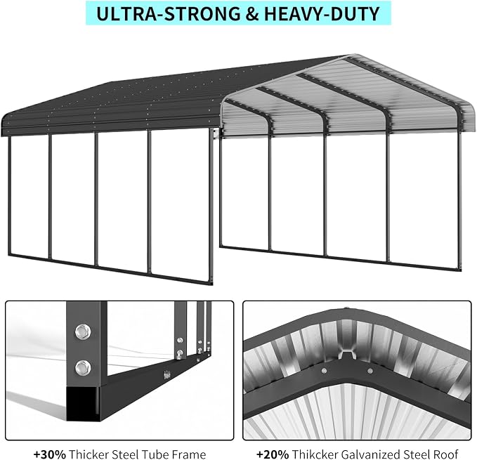 12x20 FT Metal Carport, Heavy Duty Car Port Canopy - Image 3