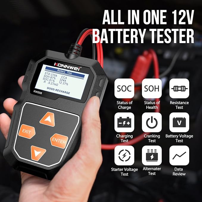 KONNWEI KW208 12V Car Battery Tester, 100-2000 CCA Load Tester Automotive - Image 2
