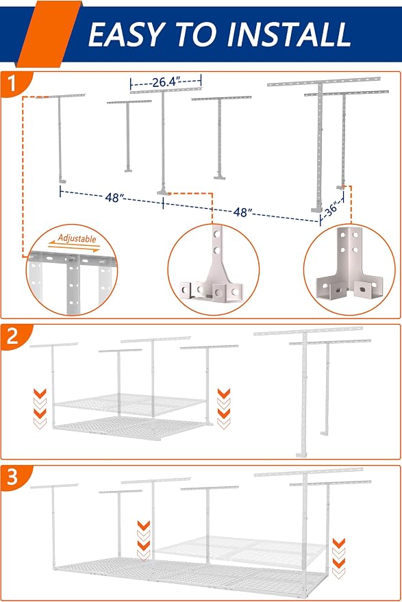3 x 8FT Overhead Garage Storage Rack, Adjustable Ceiling Storage Racks - Image 6