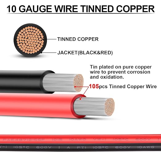10 Gauge Wire - iGreely 30 FT Red & 30 FT Black 10 Gauge Tinned Copper - Image 2