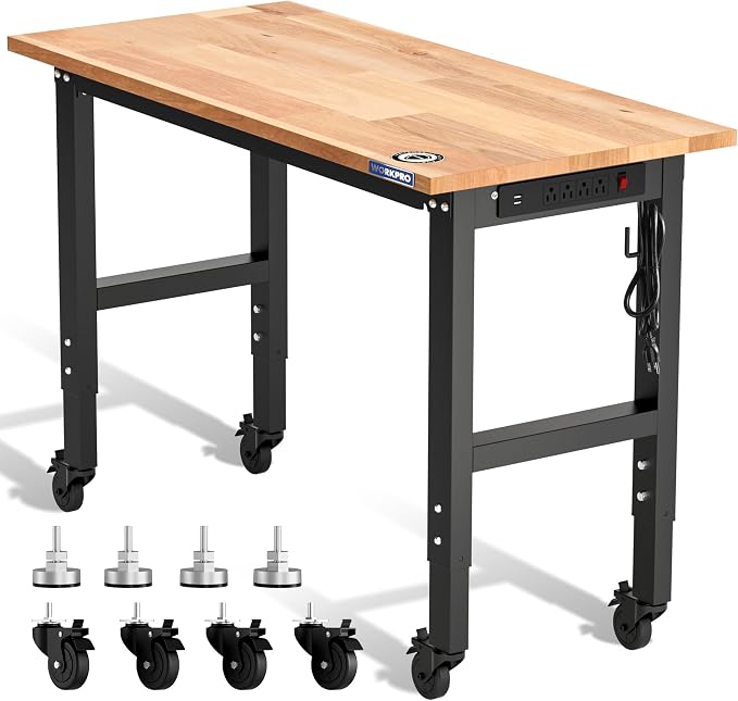 WORKPRO Garage Workbench, Rubber Wood Top Work Desk by WORKPRO