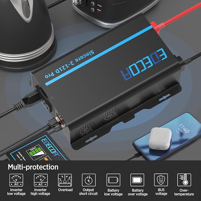 EDECOA Pure Sine Wave Inverter 1200W 12V DC to 110V AC Power Inverter - Image 3