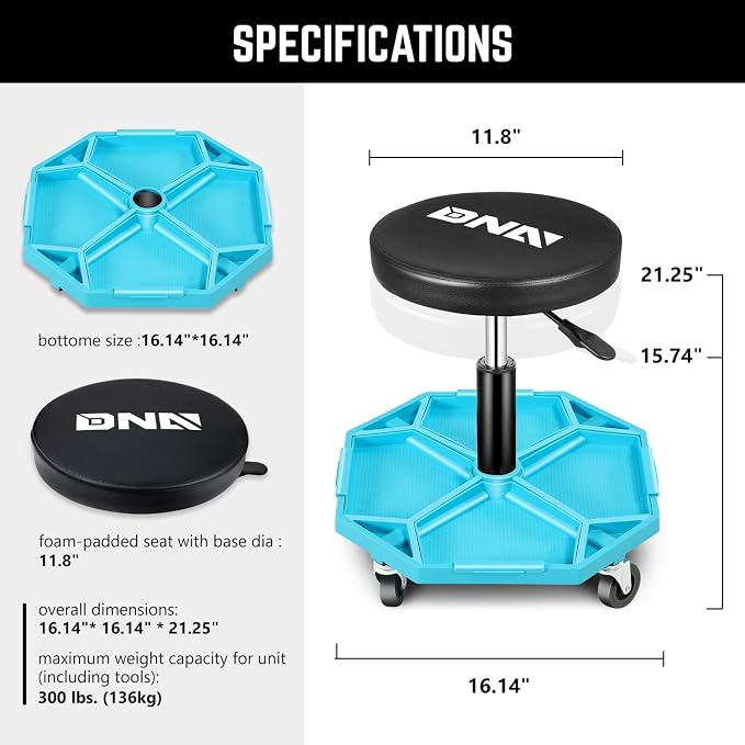 DNA MOTORING Adjustable Height Pneumatic Garage Seat Rolling Mechanic Stool - Image 2