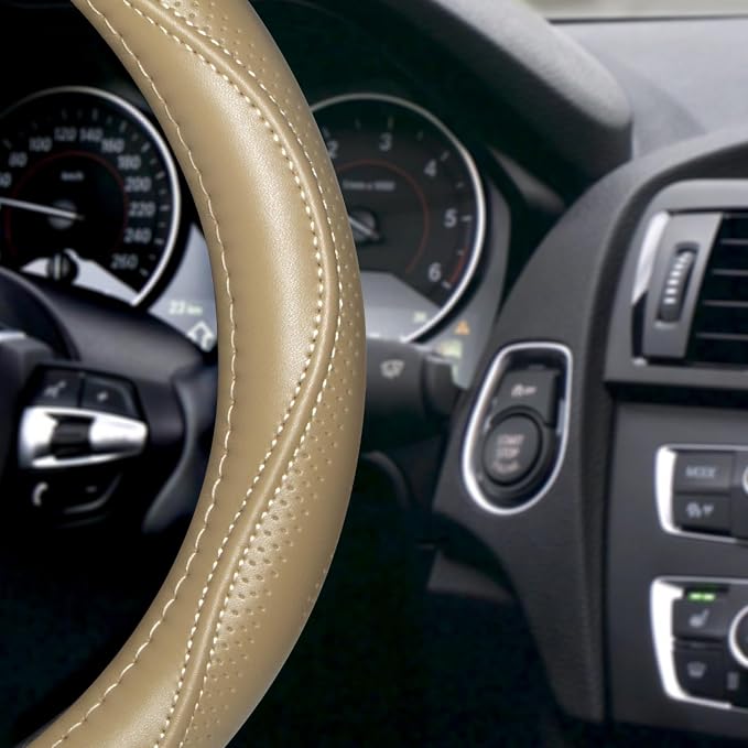 HAOKAY Top Grade Beige Genuine Leather Steering Wheel Cover Men Women, Luxury - Image 3