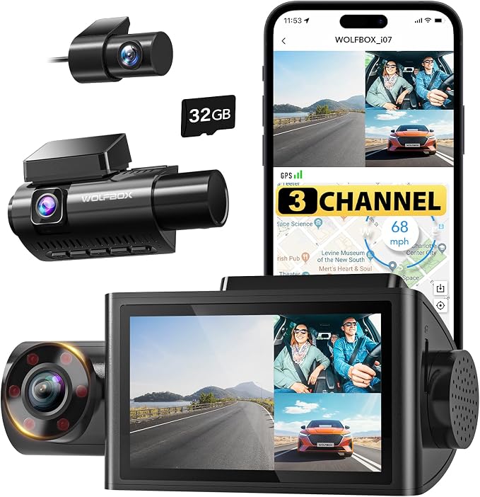 WOLFBOX i07 3 Channel Dash Cam Built-in WiFi GPS, 4K Dash Camera Front and by WOLFBOX
