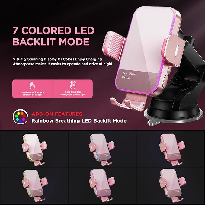 Wireless Car Charger, 【7 Colored LED Backlit】 15W Auto Clamping Car Charger - Image 2