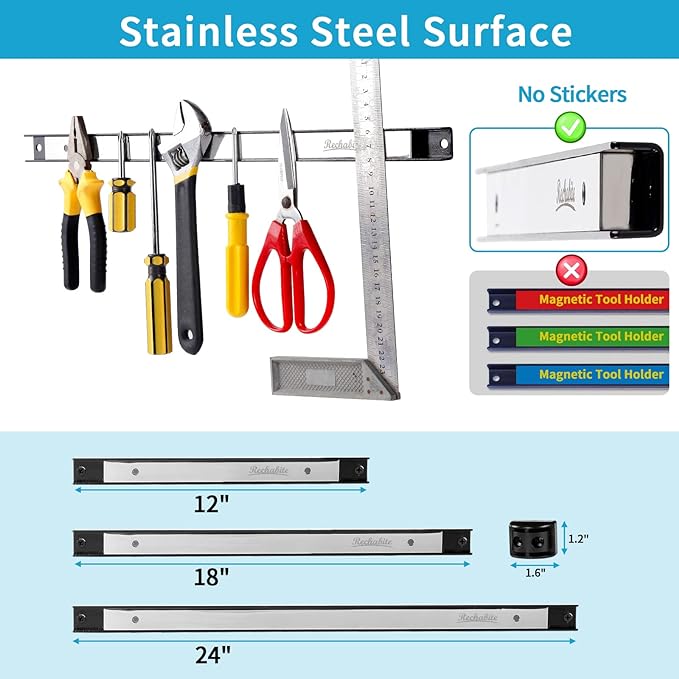 6 Pieces 18" Magnetic Tool Holder Strip, Stainless Steel Surface Tool Magnet Bar - Image 4