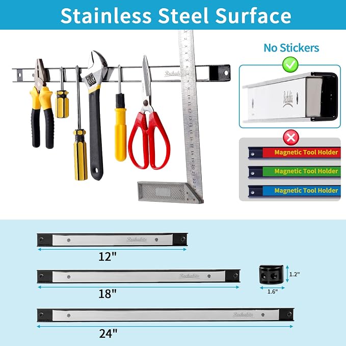 6 Pieces 12" Magnetic Tool Holder Strip, Stainless Steel Surface Tool Magnet Bar - Image 4
