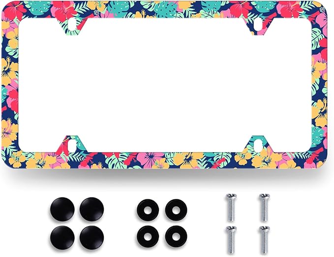 Tropical Hibiscus Flower License Plate Frame Colorful Floral Leaves License by MUAWUOIK