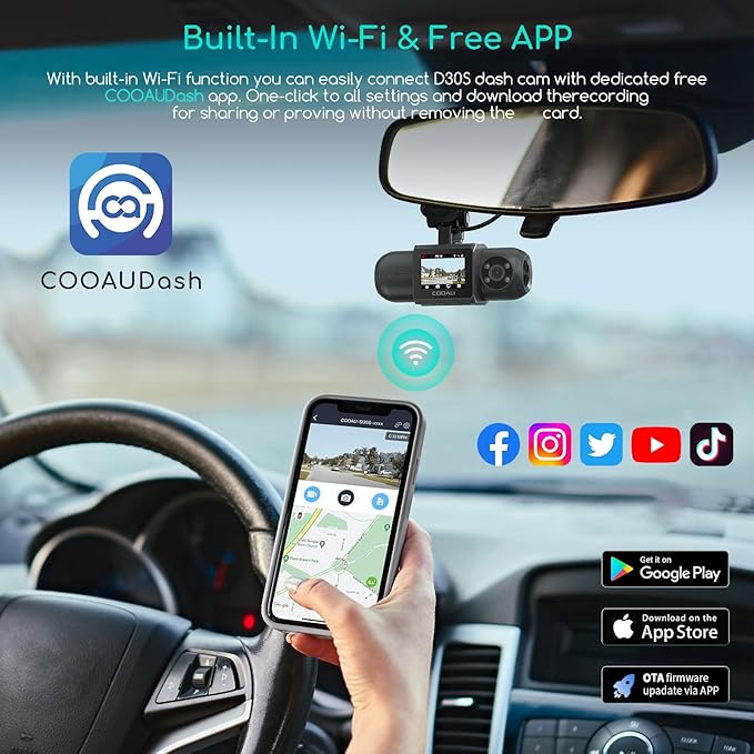 COOAU D30S 4K Dash Cam with GPS Wi-Fi, Front and Inside Dual 2.5K 1080P - Image 5