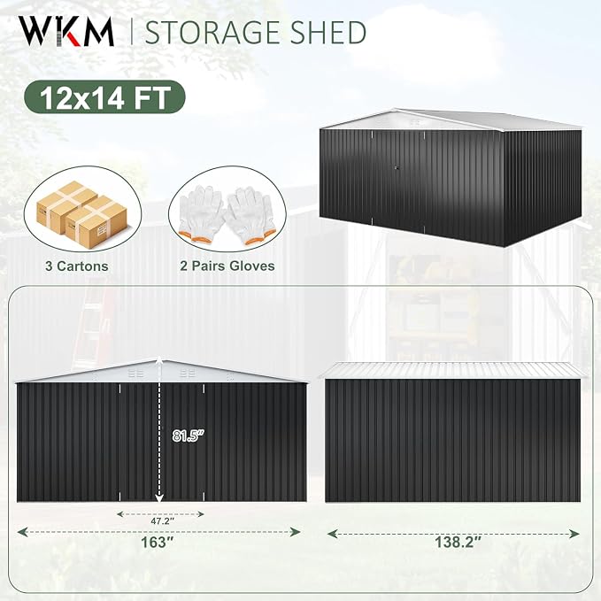 WKM 12x14 FT Outdoor Storage Shed, Utility Metal Tool Storage - Image 3