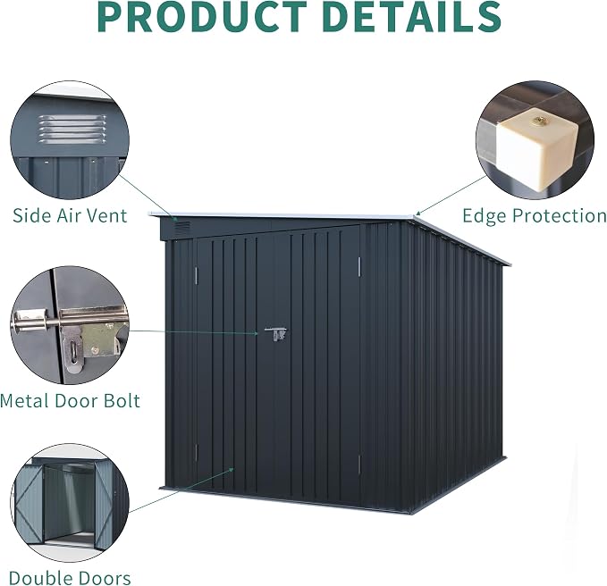 LANTRO JS 6x8FT Metal Outdoor Storage Shed, Garden Tool Shed Without Floor - Image 6