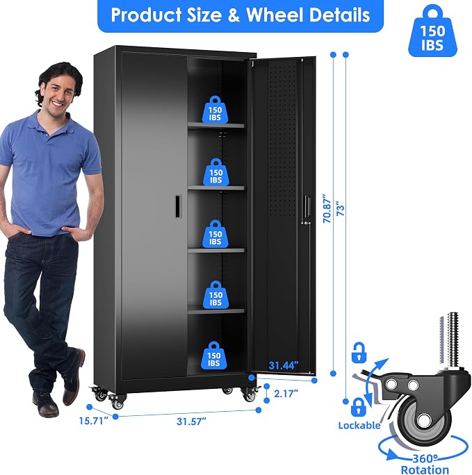 Metal Storage Cabinet with Wheels, Pegboard and 4 Hooks, Assembly Required - Image 3