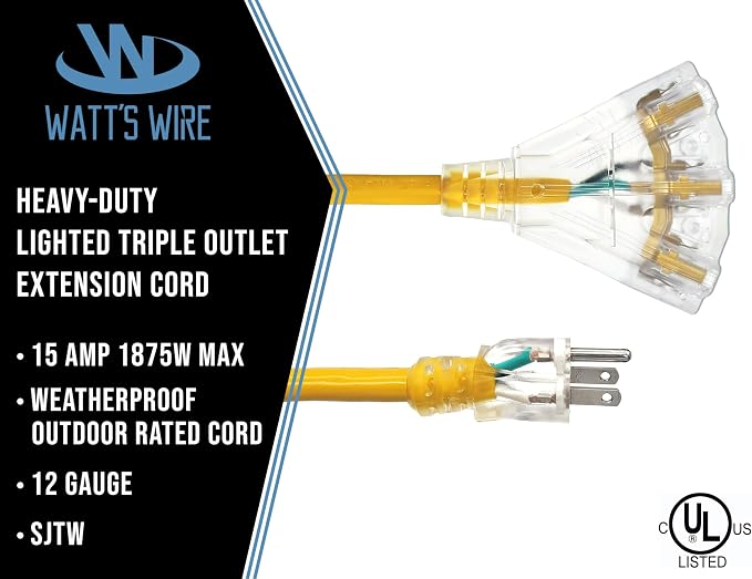 15 ft - 12 Gauge Heavy Duty Extension Cord - 3 Outlet Lighted SJTW - - Image 2