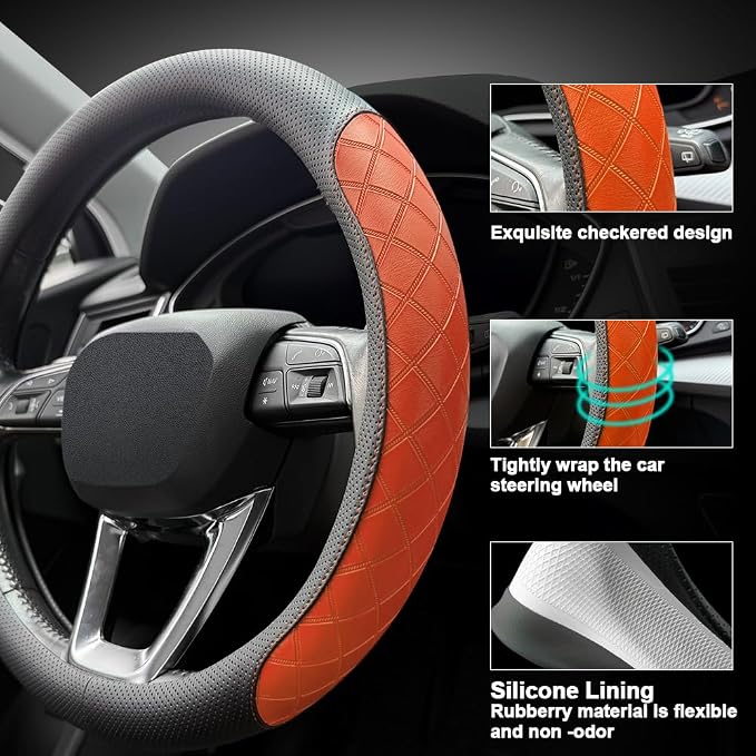 LKWLIKEI Nappa Leather Steering Wheel Cover, Diamond Checkered Design, Non-Slip - Image 3