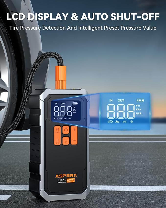 AsperX 160PSI Cordless Tire Inflator Air Compressor – Portable Rechargeable Air - Image 3
