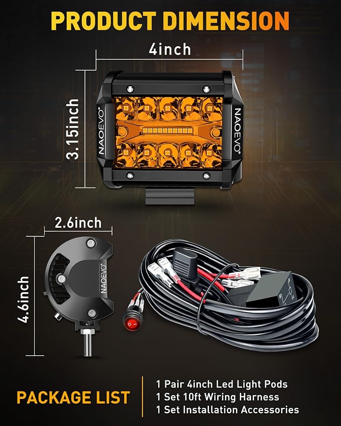 NAOEVO 4 Inch LED Pod Lights, Spot Flood Amber LED Fog/Driving/Off Road Lights - Image 9