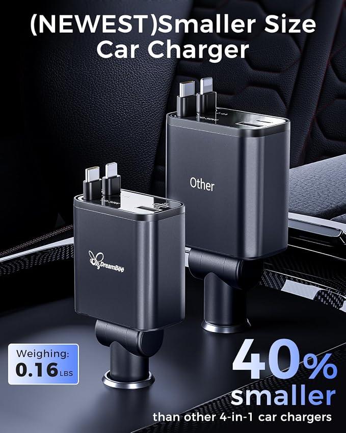 DreamBee Retractable Car Charger, custom-made modelRetractable Cables and 2 USB - Image 2