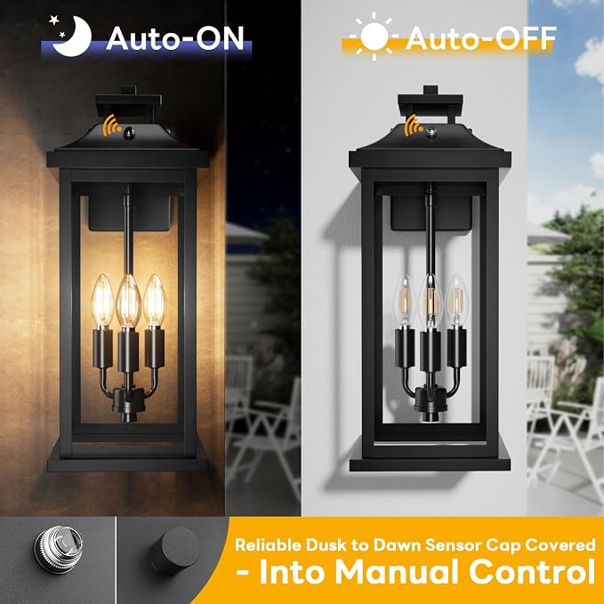 20" Large Dusk to Dawn Exterior Wall Light Fixture 3-Light, Waterproof Modern - Image 3