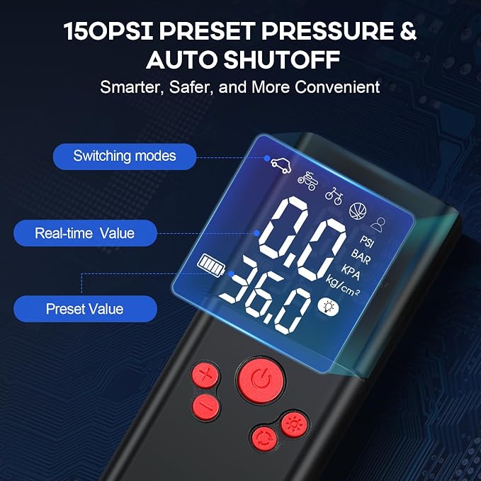 Tire Inflator Portable Air Compressor, 150PSI Cordless Portable Tire Inflator - Image 2