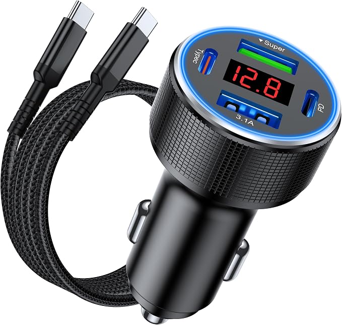 USB C Car Charger Fast Charging USB C Cable, 78W 4 Port iPhone 16 15 Car by AGEK