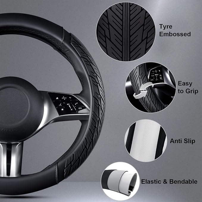 CAR PASS Leather Rubber Steering Wheel Cover 14 1/2” -15”, Tire Tread Pattern - Image 7