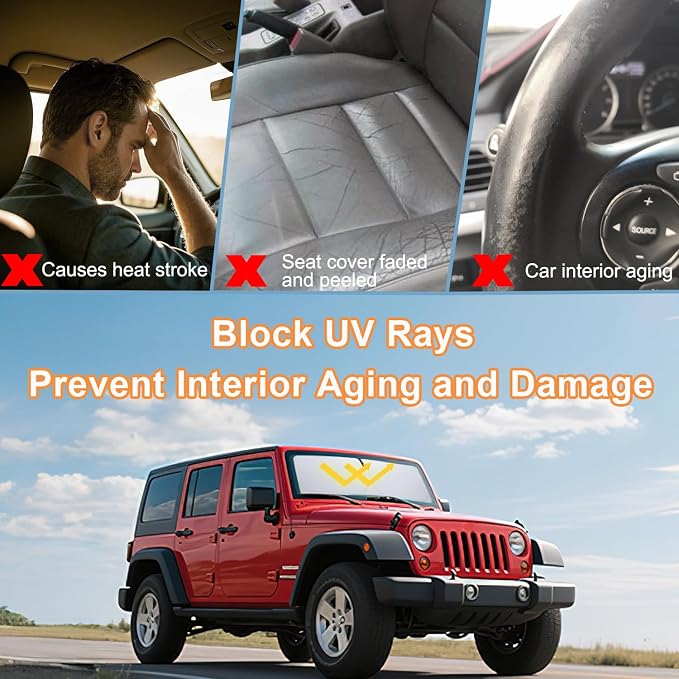 Windshield Sun Shade for Jeep Wrangler JK 2007-2018, Foldable Heat Shield - Image 5