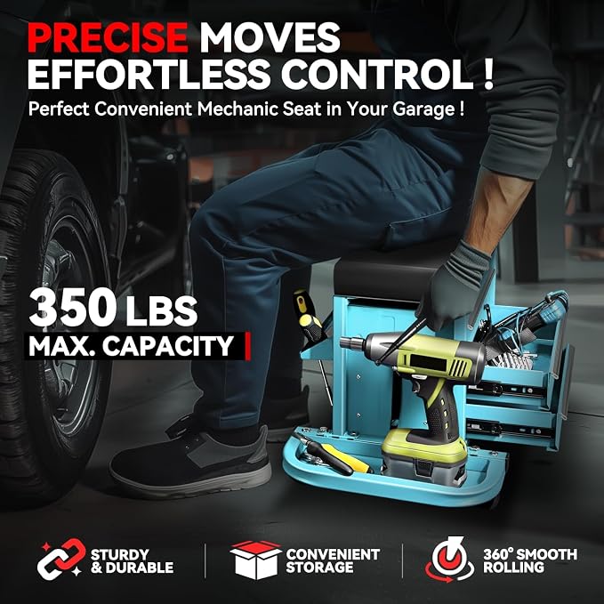 Auto Dynasty 3-Drawer Mechanic Rolling Seat, 350 LBS Capacity Roller Garage - Image 2