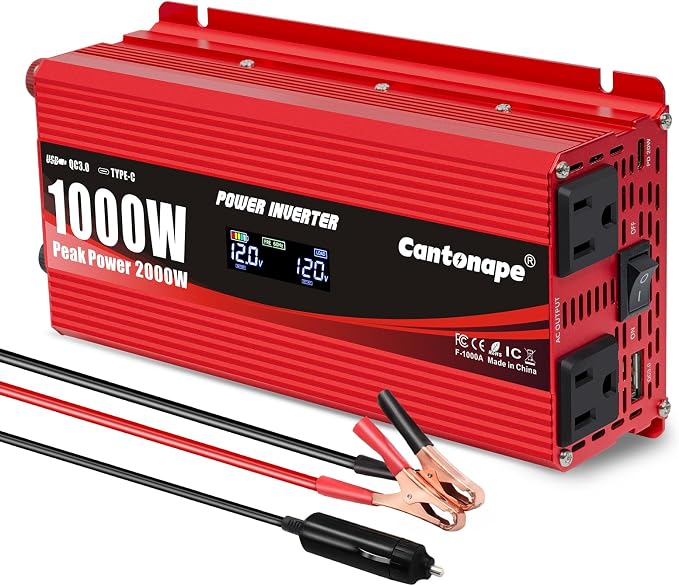 1000W Car Power Inverter DC 12V to 110V/120V AC Converter by Cantonape