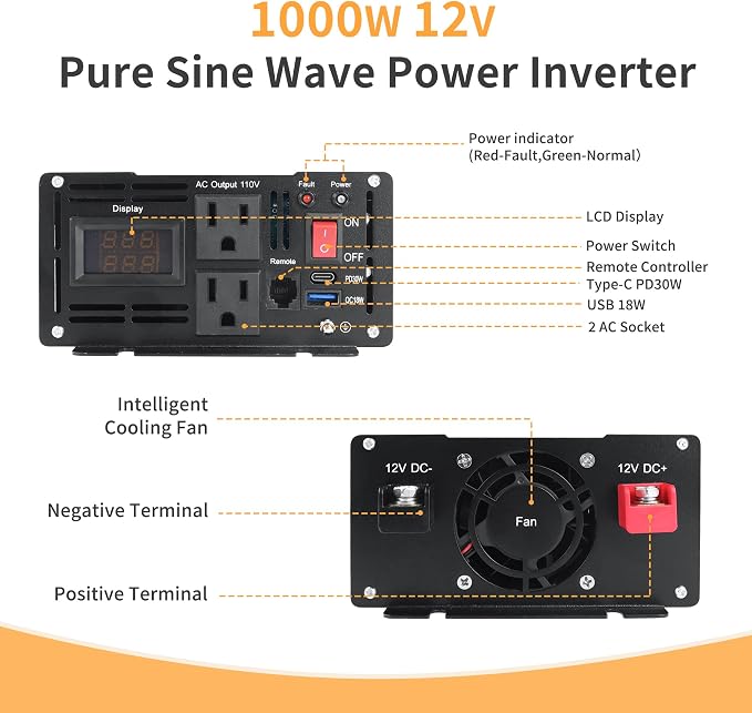 1000 Watt Pure Sine Wave Power Inverter DC 12V to 110V/120V AC Converter - Image 3