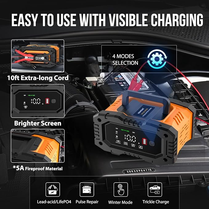 NEXPEAK NC202 10-Amp Battery Charger, 12V 24V LiFePO4 Lead Acid Portable Car - Image 4