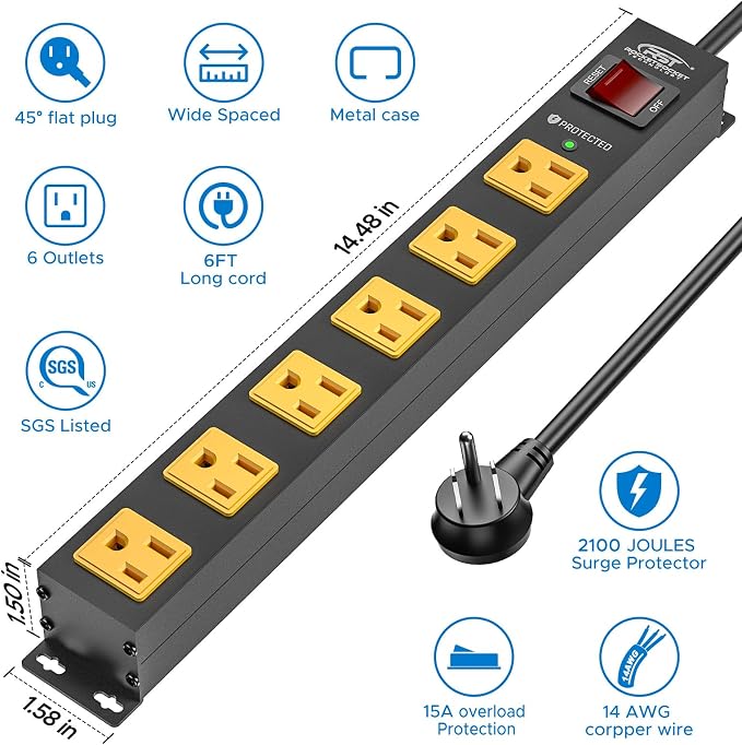 CRST 2Pack 6 Outlet Surge Protector Power Strip 2100J - Image 2