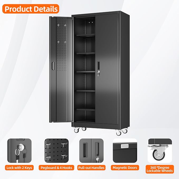 Garage Storage Cabinet with Wheels Pegboard and 5 Adjustable Shelves, Tool - Image 4
