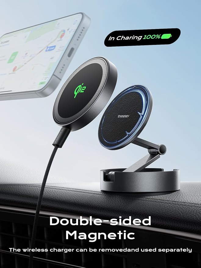 THREEKEY for MagSafe Car Mount Charger, Qi2 Wireless Car Charger, Retractable - Image 2