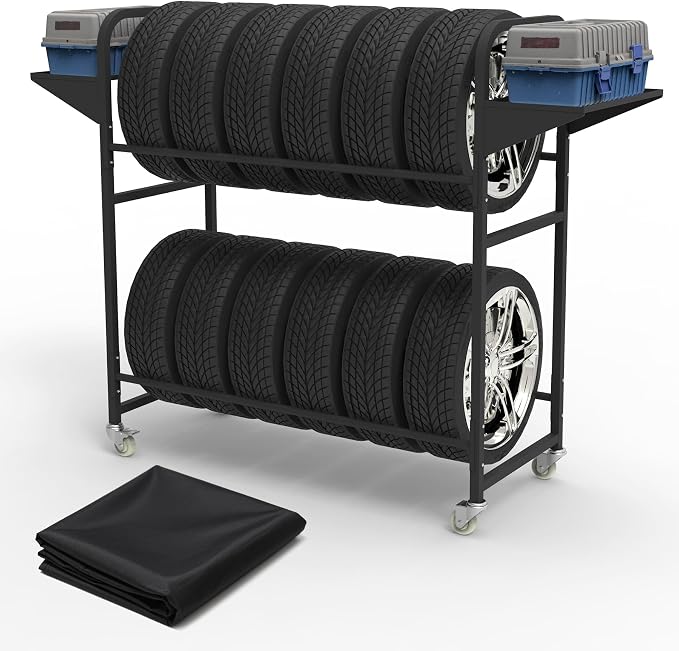 Tire Storage Rack 57" x 55.1" x 20" w/Anti-dust Cover, Adjustable Rolling Tire by Neorexon