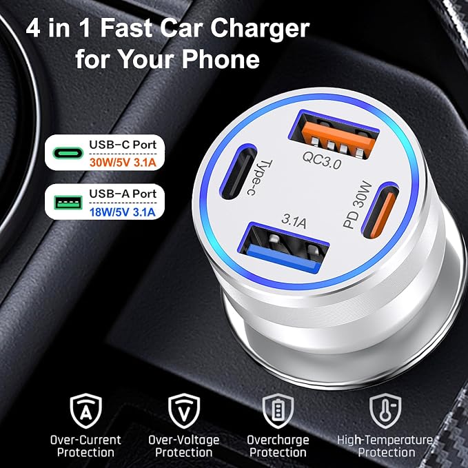 USB C Fast Car Charger, 65W 4-Port Dual USB-C & USB-A Multiport Car Phone - Image 6