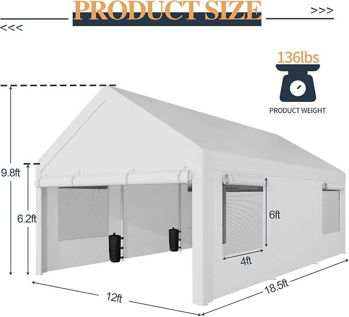 Shintenchi Carport 12' x 20' Heavy Duty Portable Garage, Car Port Canopy - Image 3