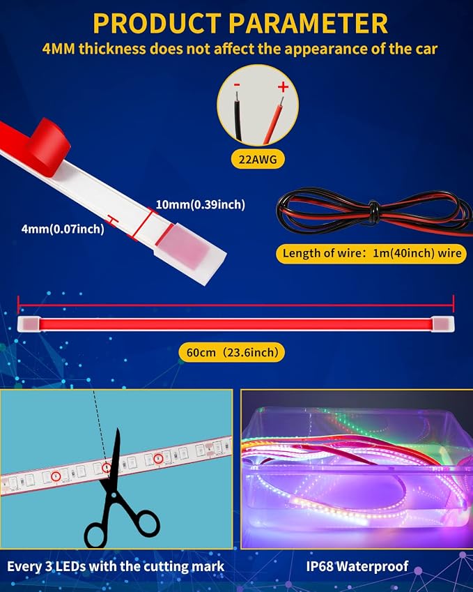 Red Car LED Strip Light, 24inch 12V Interior Light Strip IP68 Waterproof - Image 4