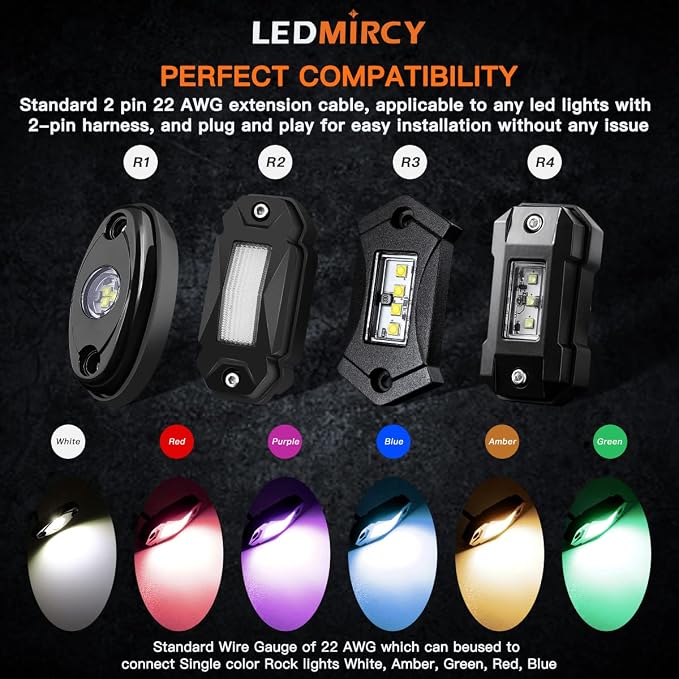 LED Rock Lights Extension Cable Wire Cord 2Pin Waterproof 4PCS 5ft 22AWG - Image 7