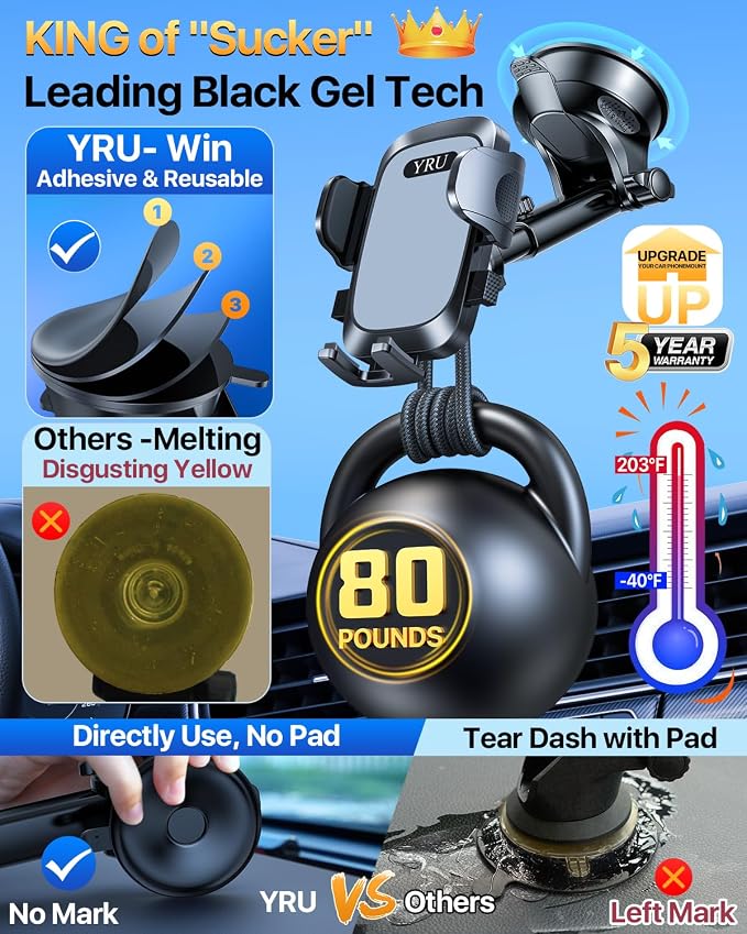 YRU Car Phone Holder Mount, Dashboard Cell Phone Holder - Image 3