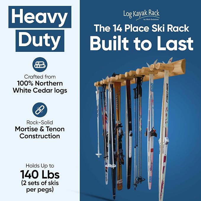 14-Place Log Ski Rack Wall Mount, Indoor Ski Storage Rack - Image 3
