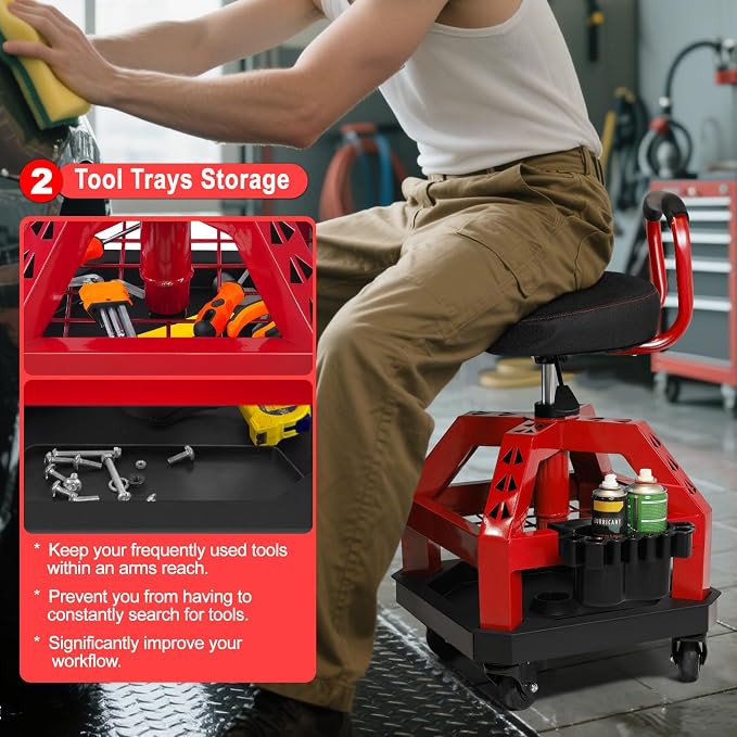 Rolling Shop Stool with Wheels, Heavy Duty Garage Work Mechanic Stool with - Image 6