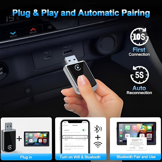 Wireless CarPlay Adapter for iPhone, 2 in 1 CarPlay Wireless Adapter, No Latency - Image 2