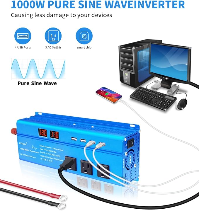 LVYUAN 1000 Watt Pure Sine Wave Inverter 12V to 110V 120V DC to AC - Image 5