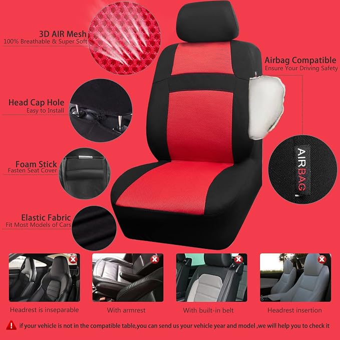 CAR PASS 3D Air Mesh Car Seat Covers Full Sets w/5mm Sponge, Steering Wheel - Image 2