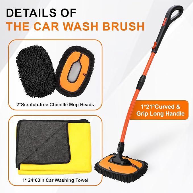 Car Wash Brush with Long Handle, 2 Replaceable Microfiber Mop Heads and 1 - Image 4